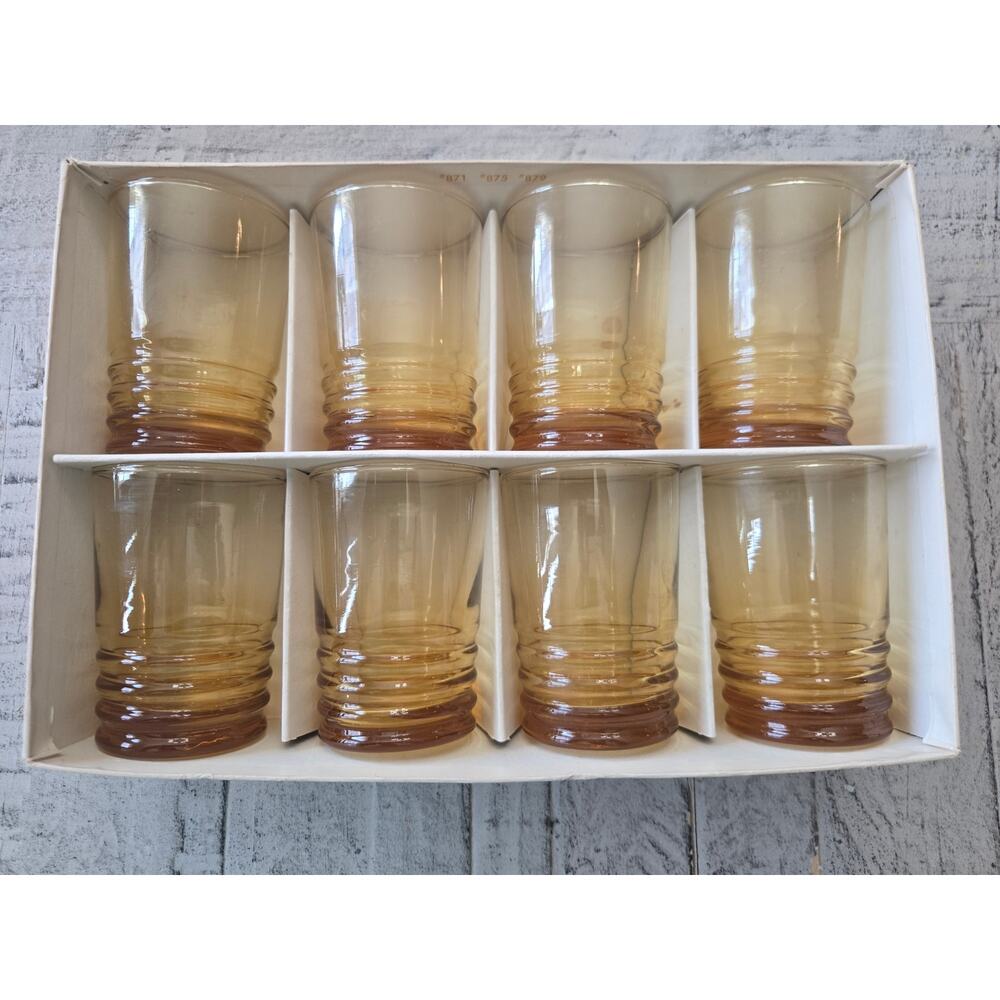 Vintage Libbey Rainbow Collection Golden Rings Glassware Set 8 Pc Original Box